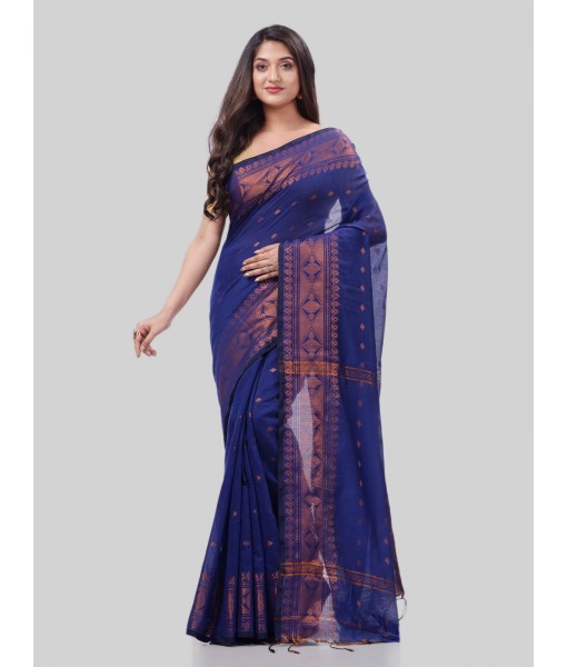DESH BIDESH Women`s Bengal Cotton Silk Pure Handloom Cotton Saree Kohinoor Work With Blouse Piece(Blue)